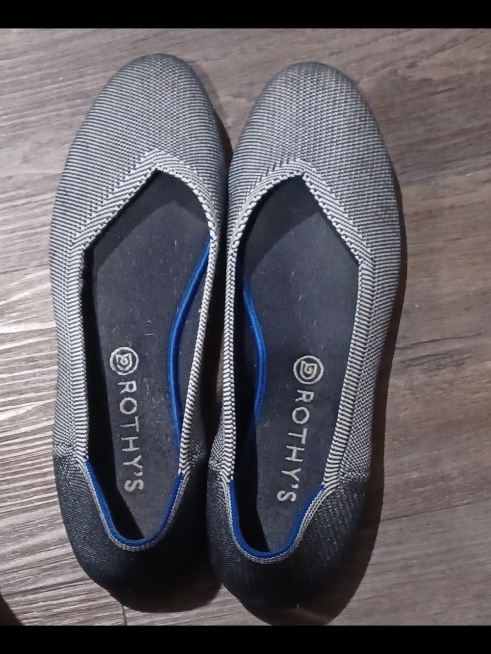 Rothy's Black & White Knit Slip-On Size 12 Flats with Blue Trim